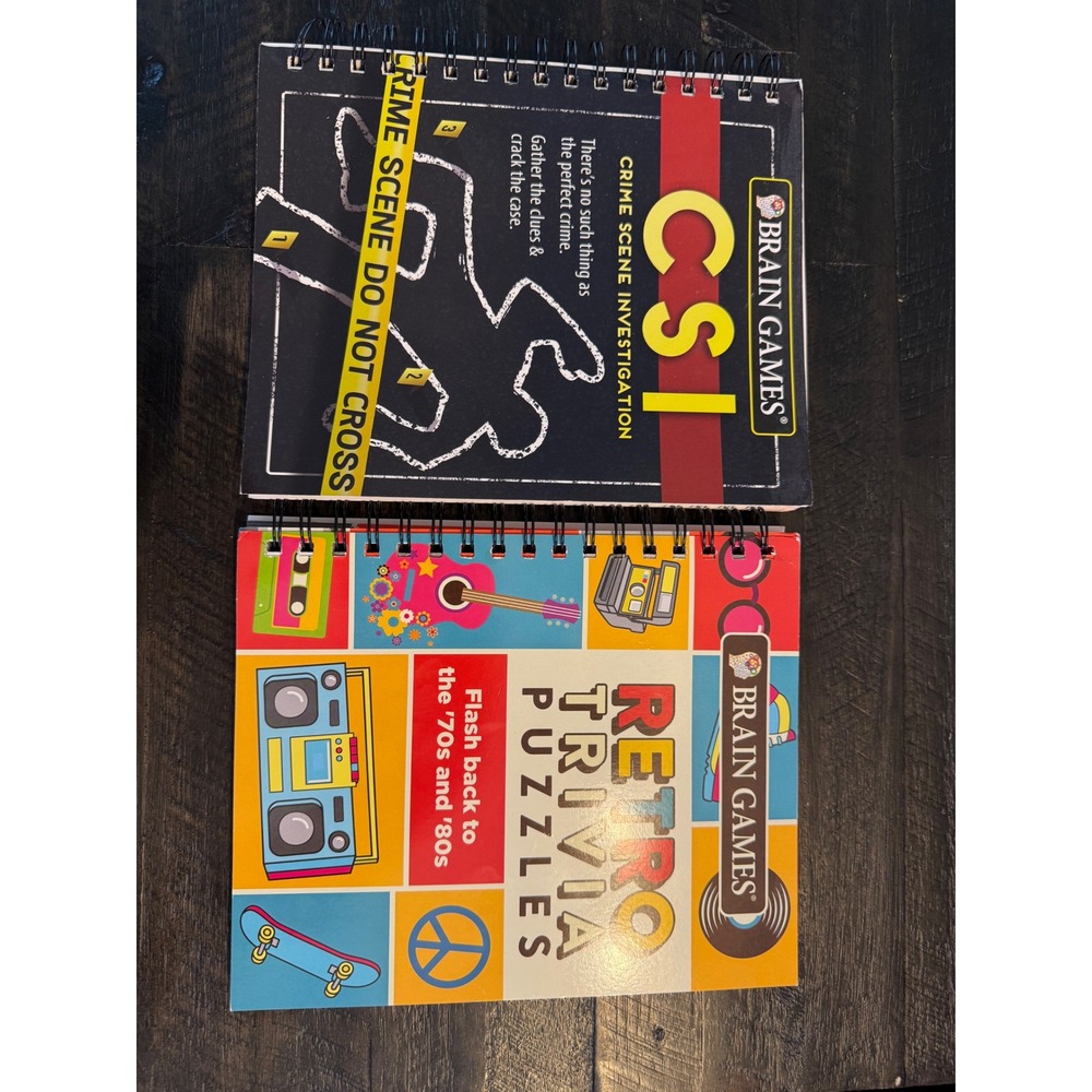 Brain Games CSI Crime Scene Investigation & Retro Trivia Puzzles 2 Book Set